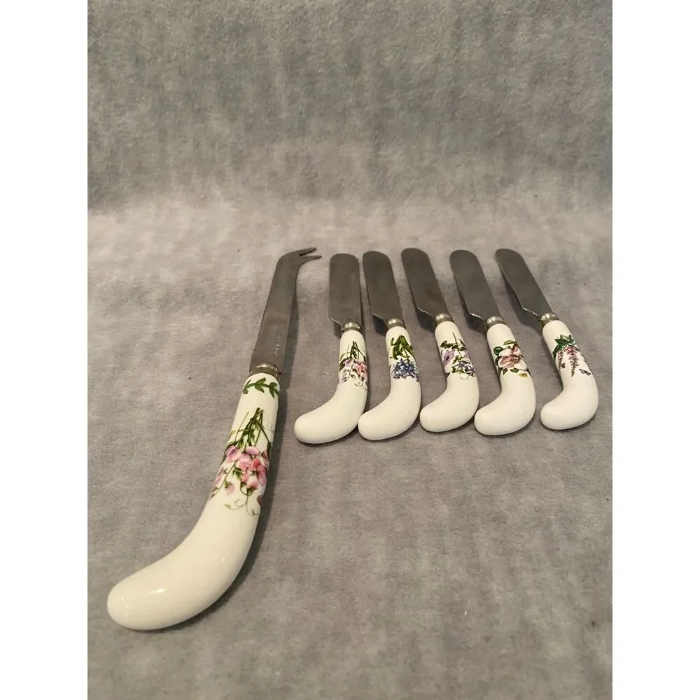 Portmeirion Botanic Garden Cheese Knife and 5 Spreaders Flowers‎ Ceramic